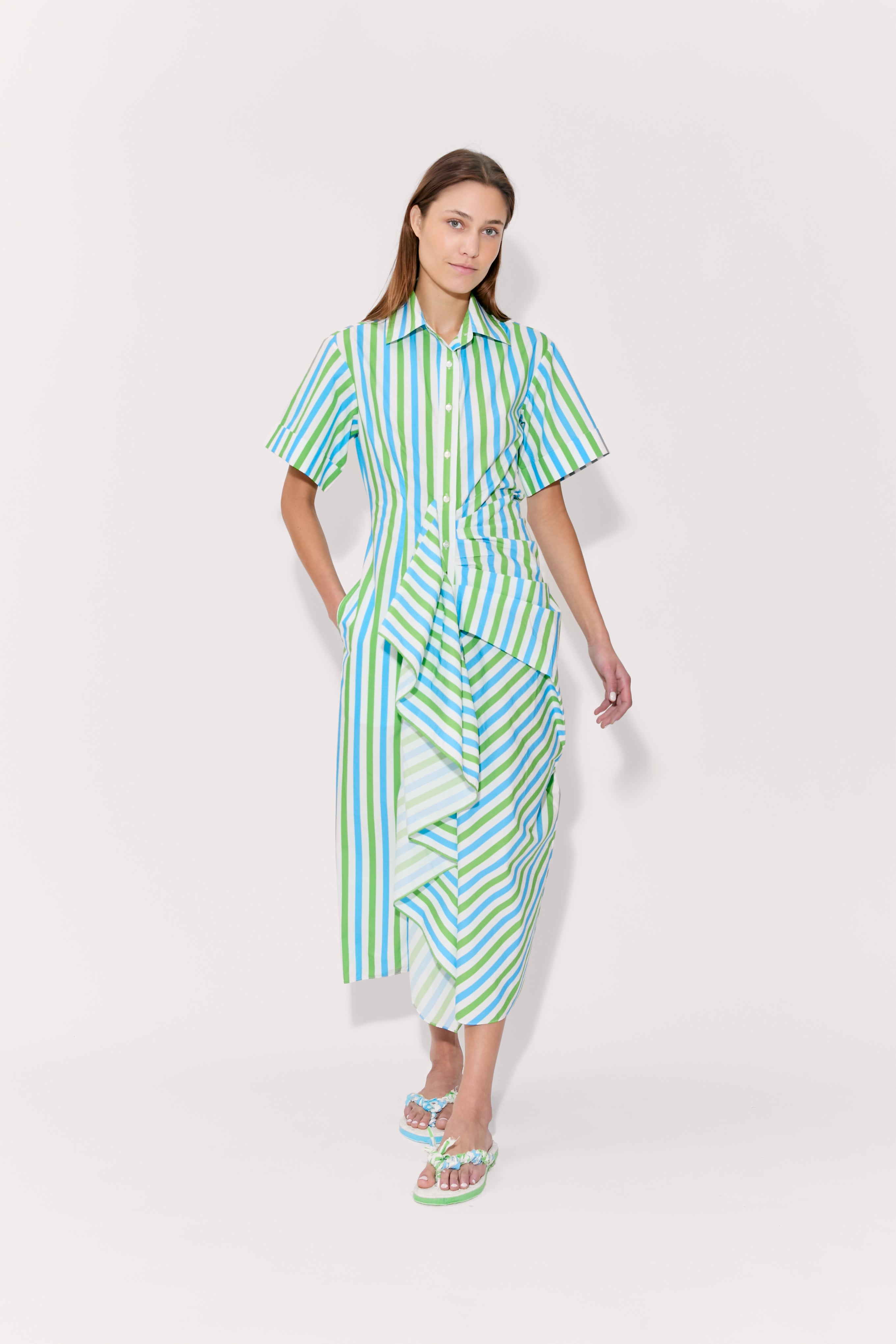 Gathered Ruffle Shirt Dress - Blue/Green Stripe
