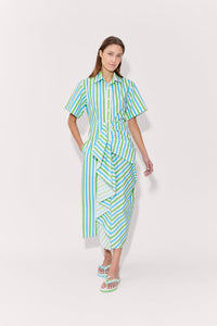 Gathered Ruffle Shirt Dress - Blue/Green Stripe