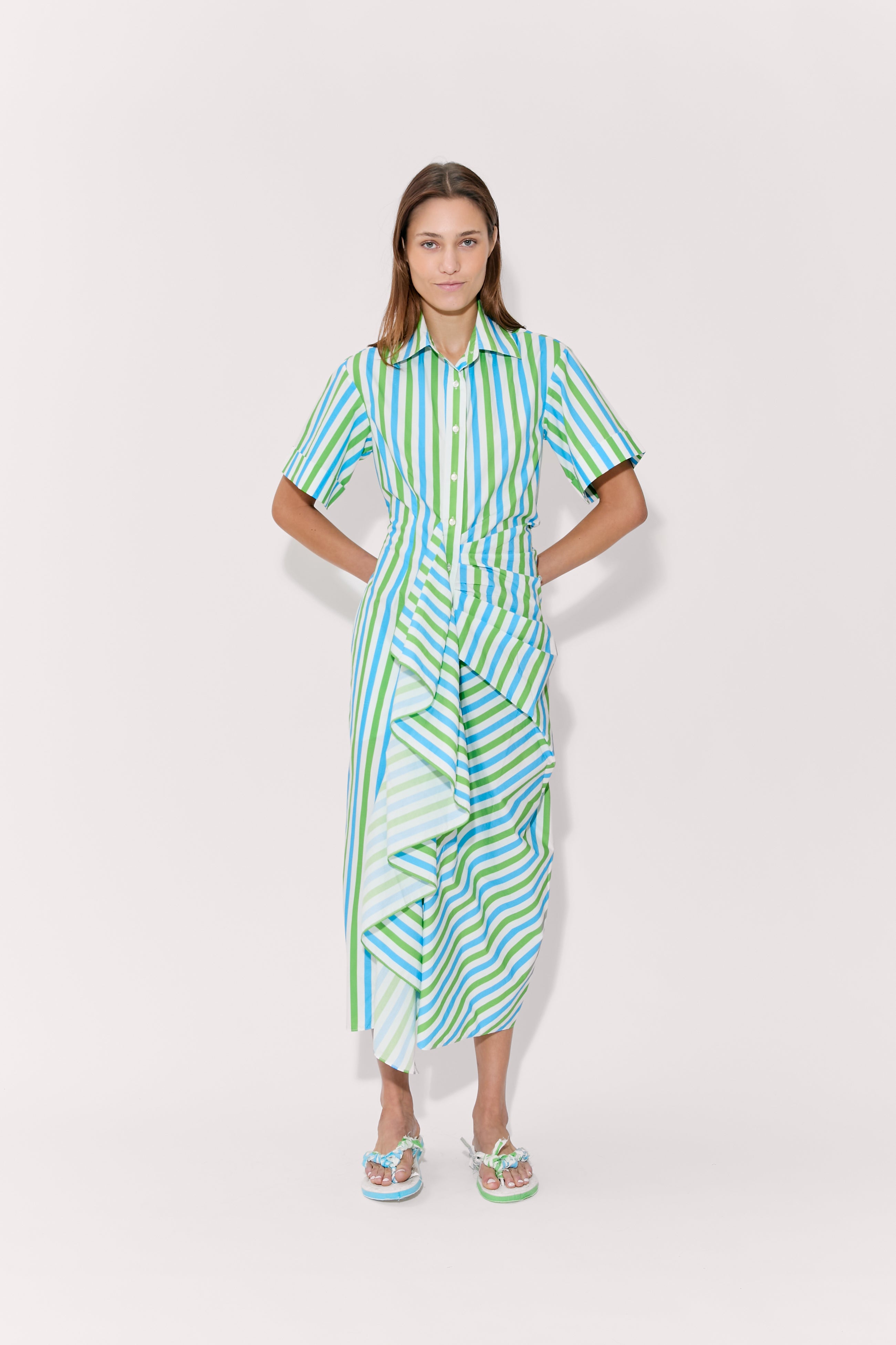 Gathered Ruffle Shirt Dress - Blue/Green Stripe