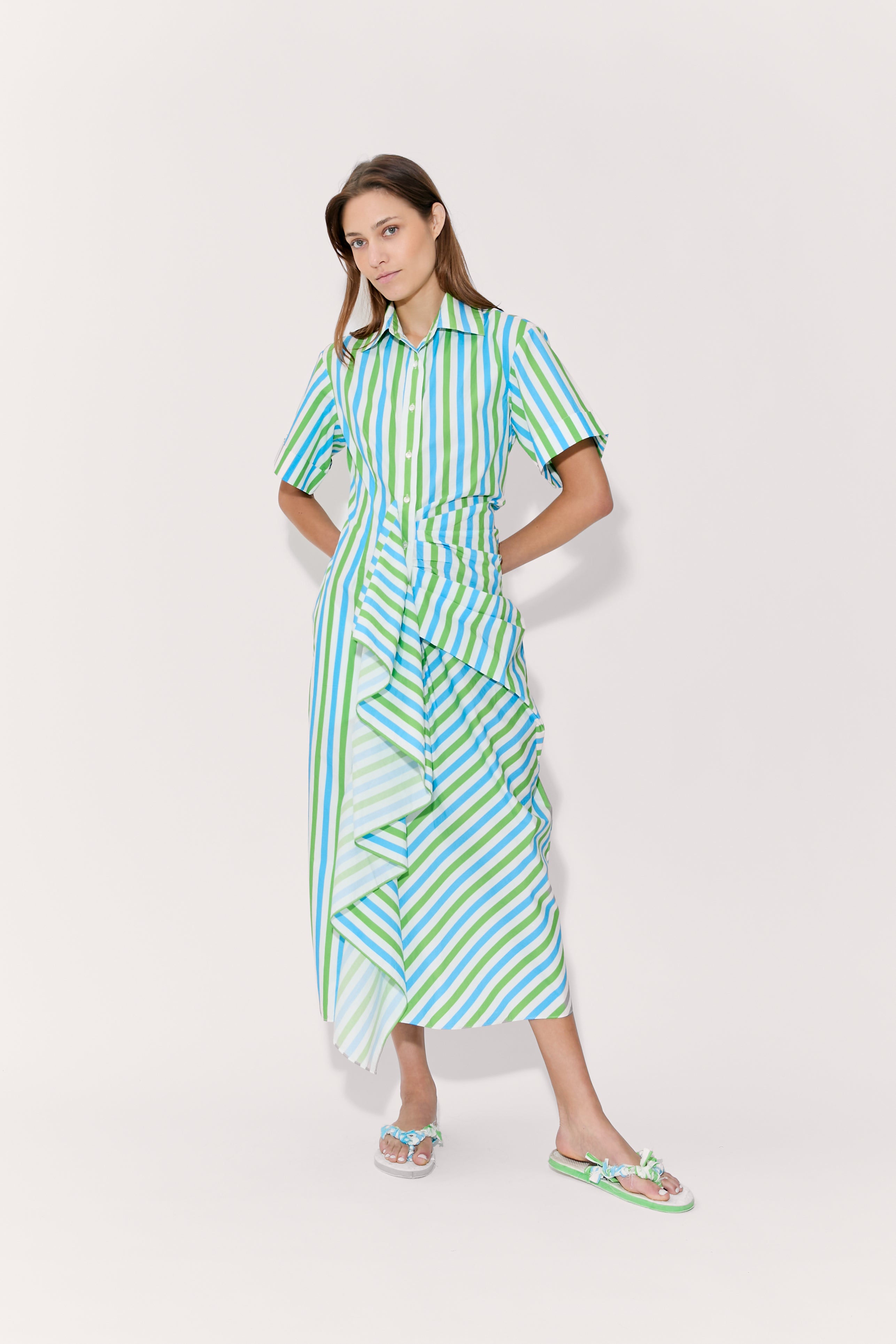 Gathered Ruffle Shirt Dress - Blue/Green Stripe