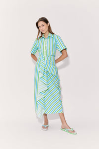 Gathered Ruffle Shirt Dress - Blue/Green Stripe