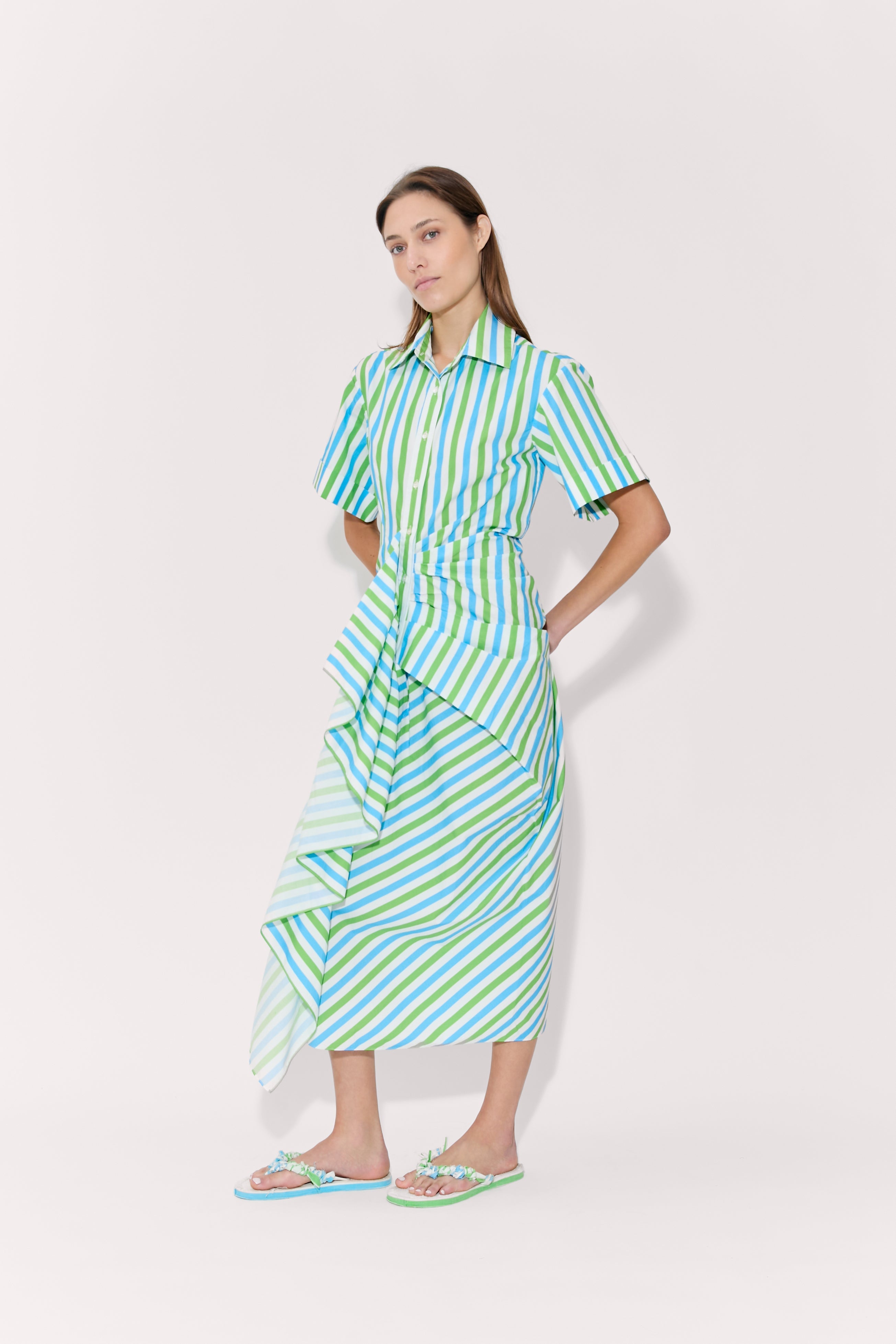 Gathered Ruffle Shirt Dress - Blue/Green Stripe