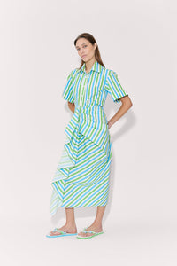 Gathered Ruffle Shirt Dress - Blue/Green Stripe