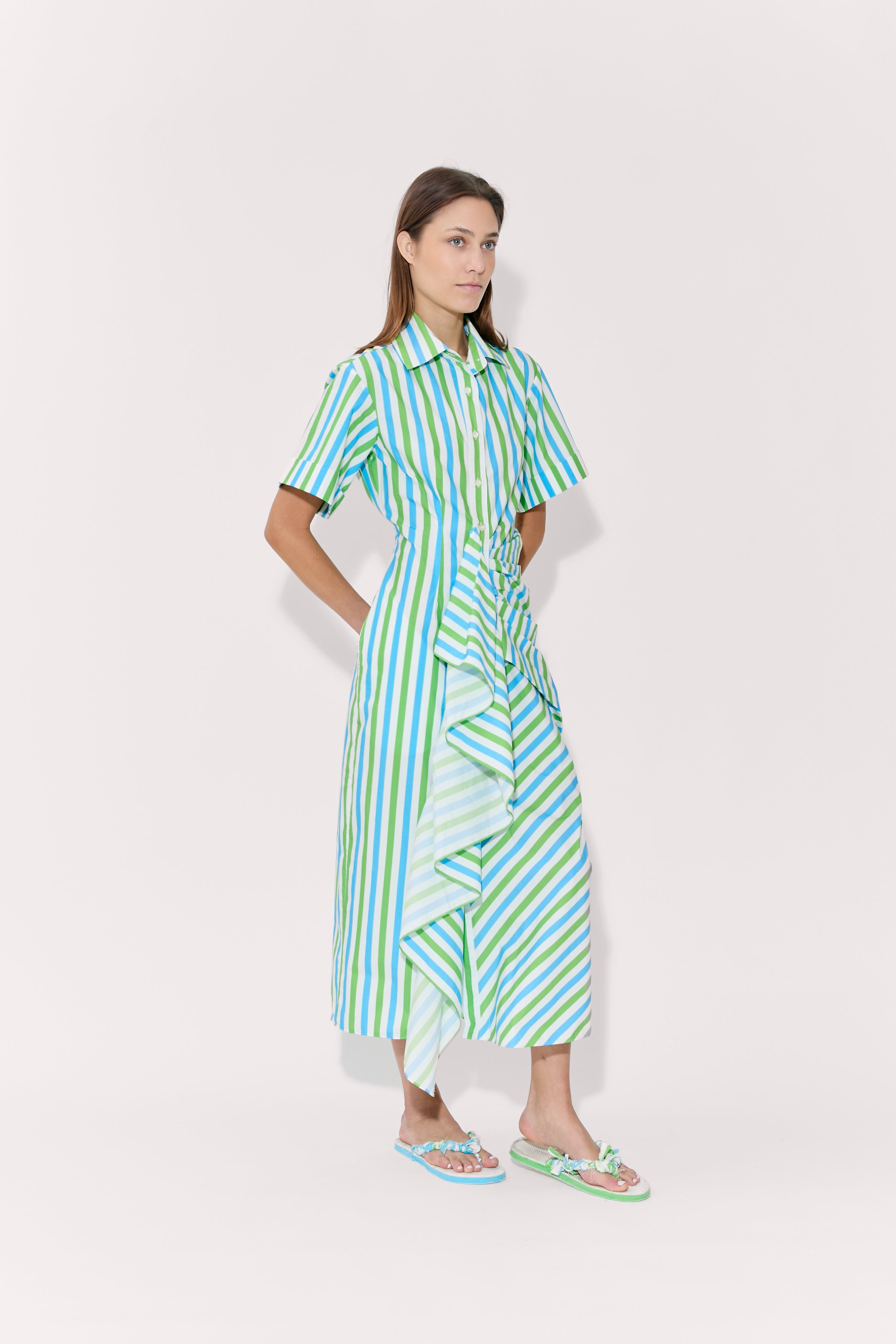 Gathered Ruffle Shirt Dress - Blue/Green Stripe