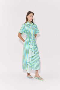 Gathered Ruffle Shirt Dress - Blue/Green Stripe