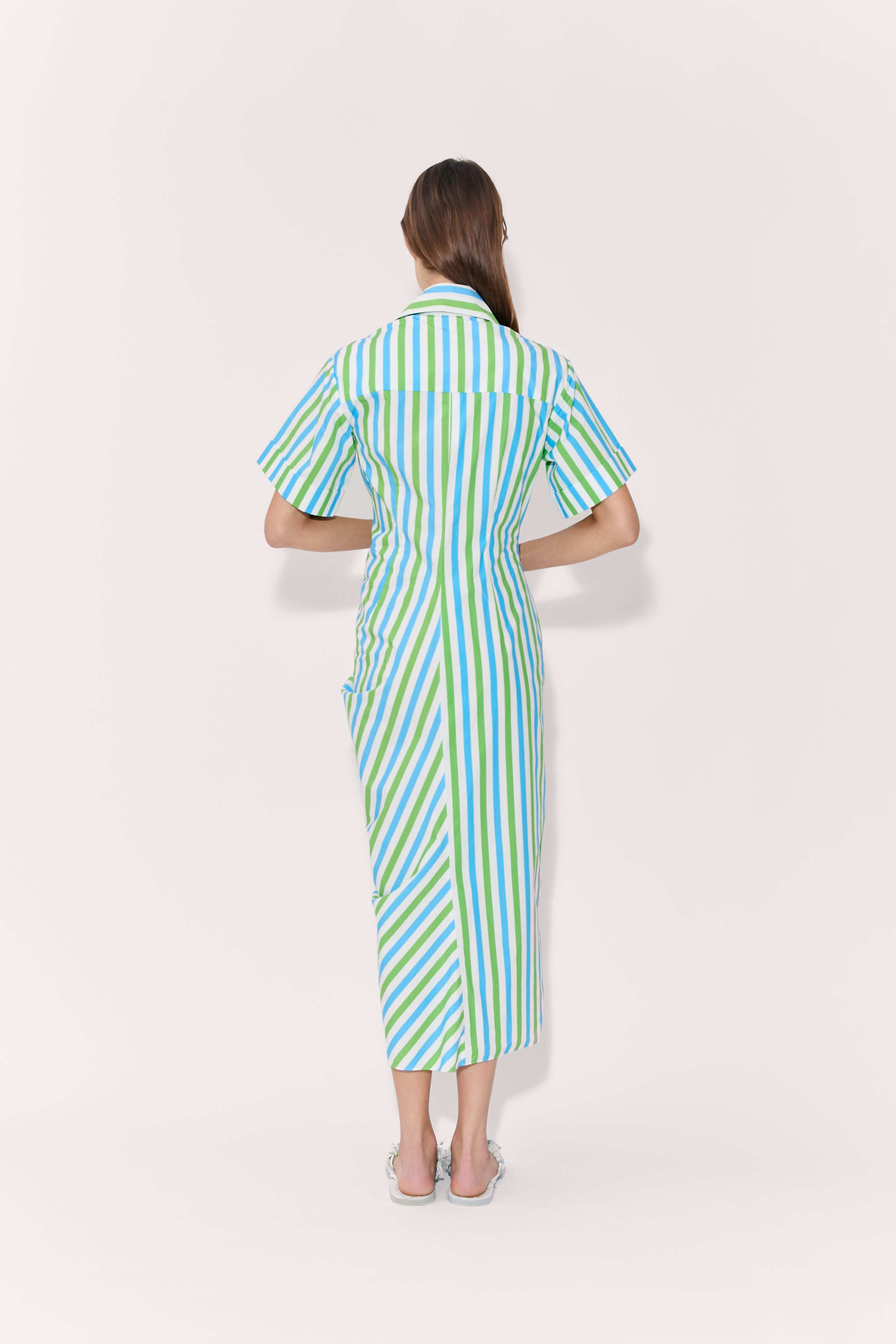 Gathered Ruffle Shirt Dress - Blue/Green Stripe