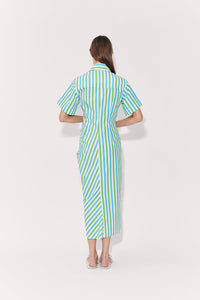 Gathered Ruffle Shirt Dress - Blue/Green Stripe