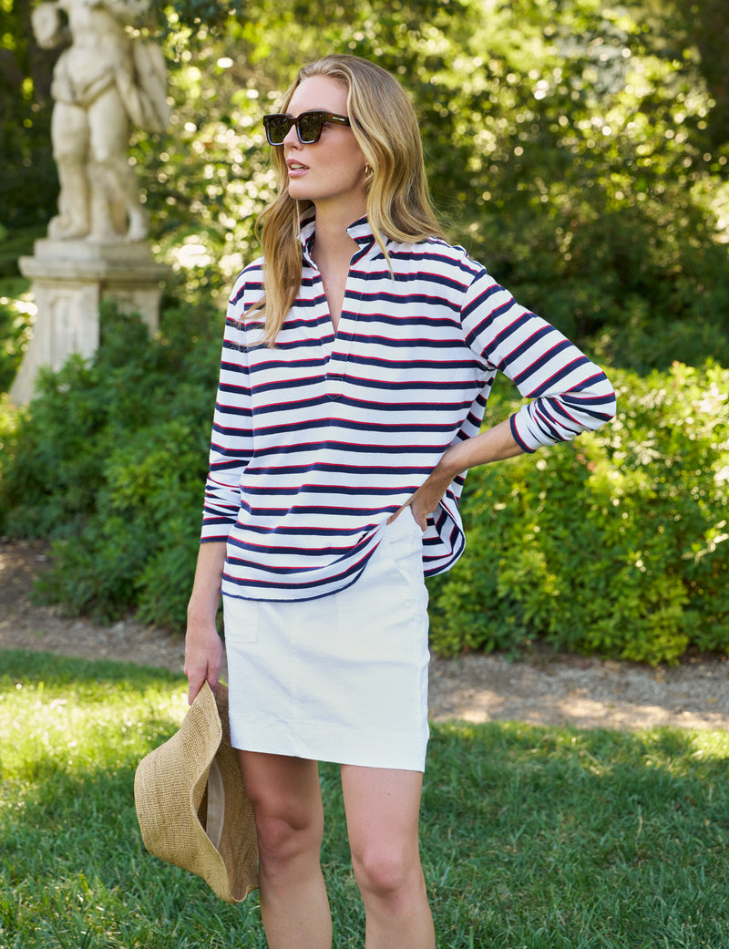 Patrick Popover Henley - White w/ Red/Navy French Stripe