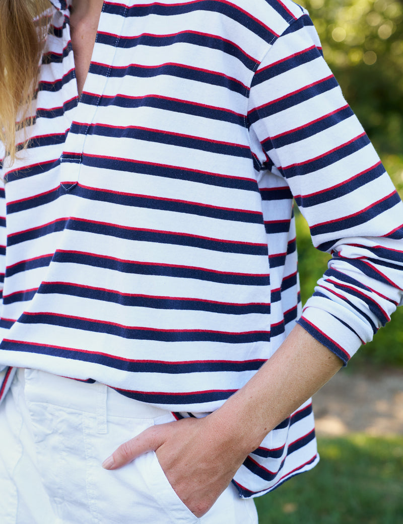 Patrick Popover Henley - White w/ Red/Navy French Stripe