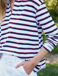Patrick Popover Henley - White w/ Red/Navy French Stripe