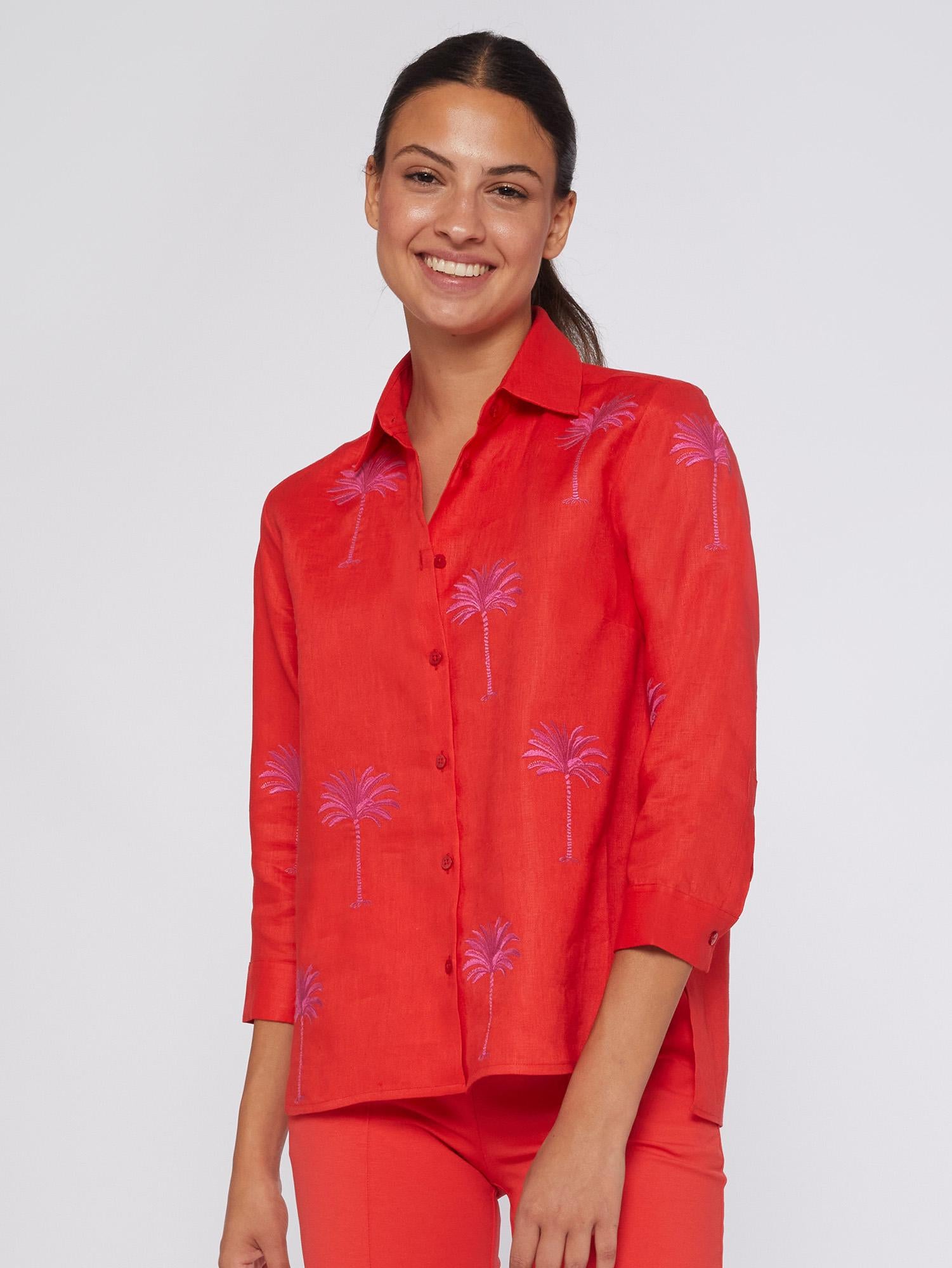 Sara Shirt - Embroidered Coral Linen