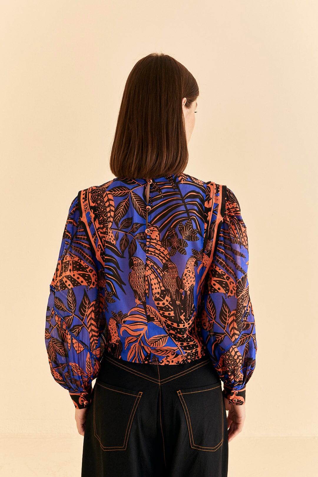 Tropical Gold Blue Pleated Long Sleeve Blouse