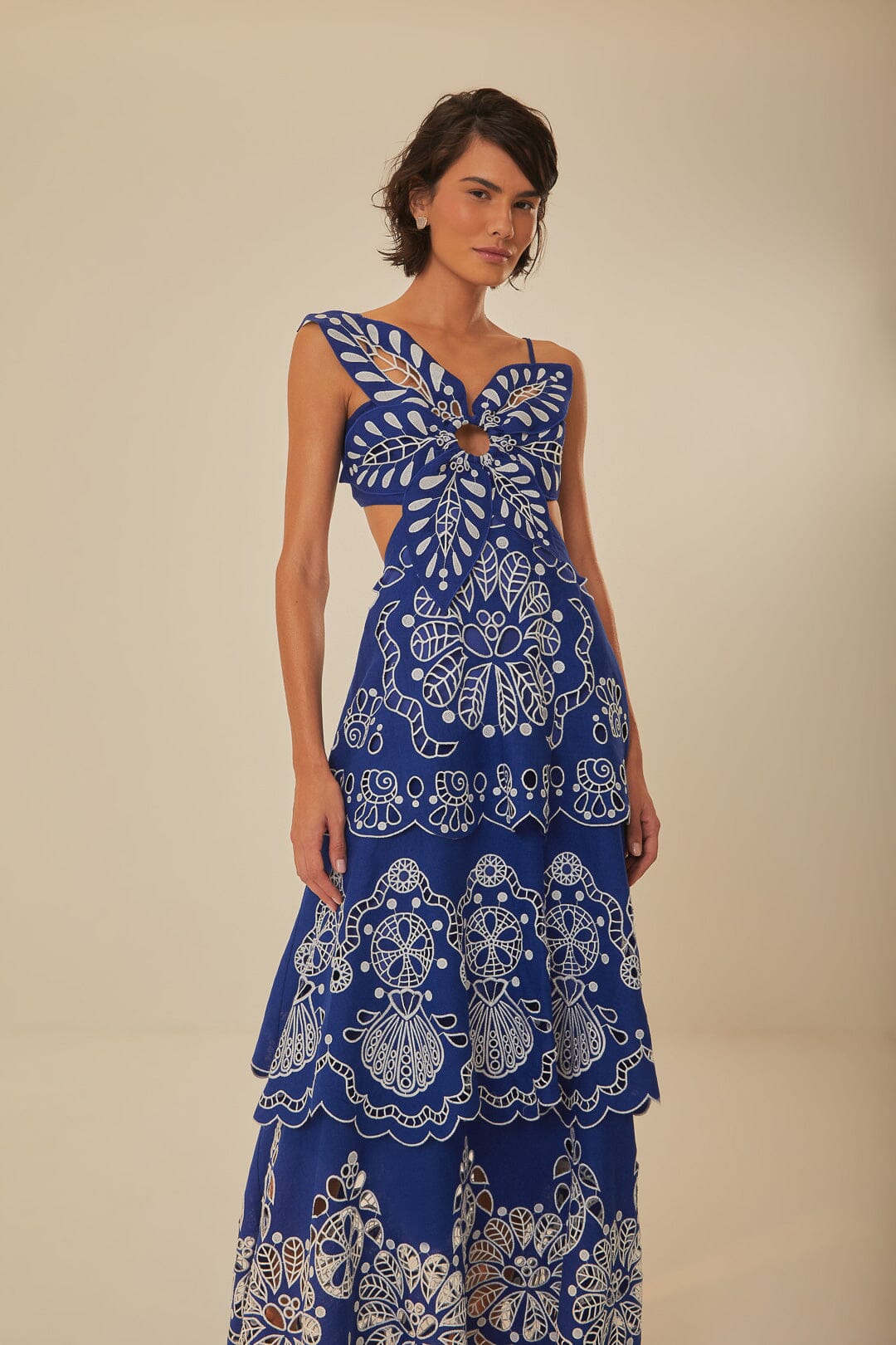 Blue Flower Richelieu Premium Linen Midi Dress