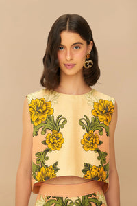 Cream Delicate Flower Arabesques Linen Crop Top