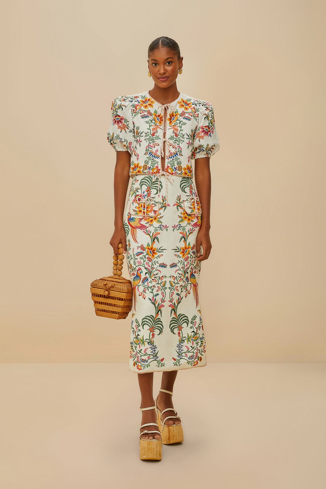 Off-White Delicate Forest Linen Midi Skirt