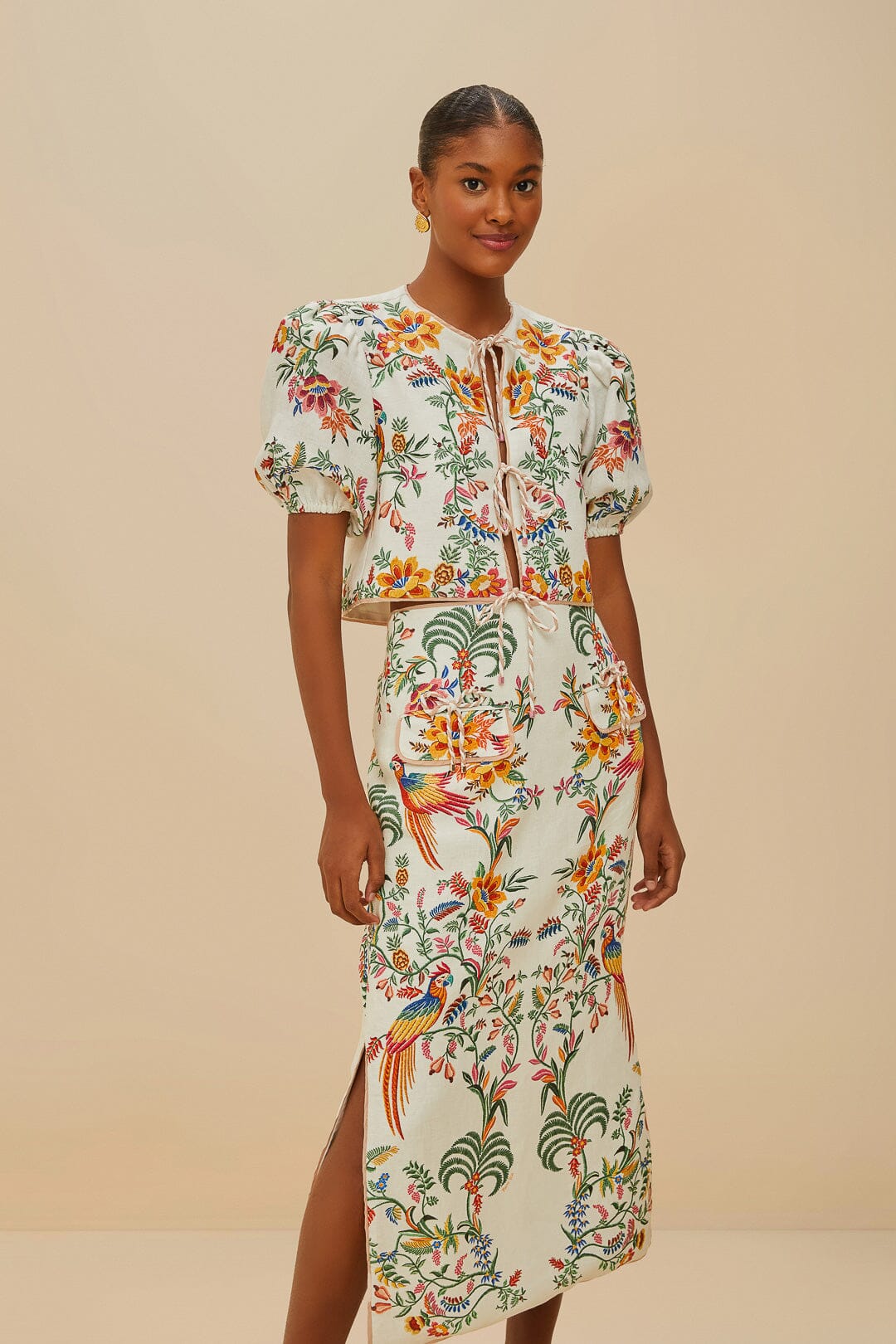 Off-White Delicate Forest Linen Midi Skirt