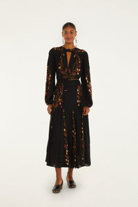 Berry Garden Black Long Sleeve Pleated Maxi Dress