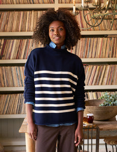 Monterey Rolled Funnel Neck Sweater - Navy/Cream Stripe