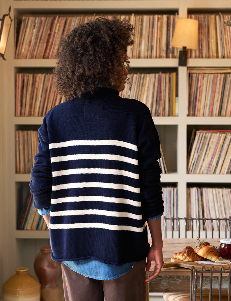 Monterey Rolled Funnel Neck Sweater - Navy/Cream Stripe