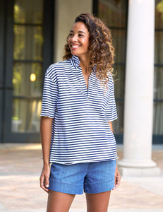 Patty - Short-Sleeve Popover Henley Navy French Stripe