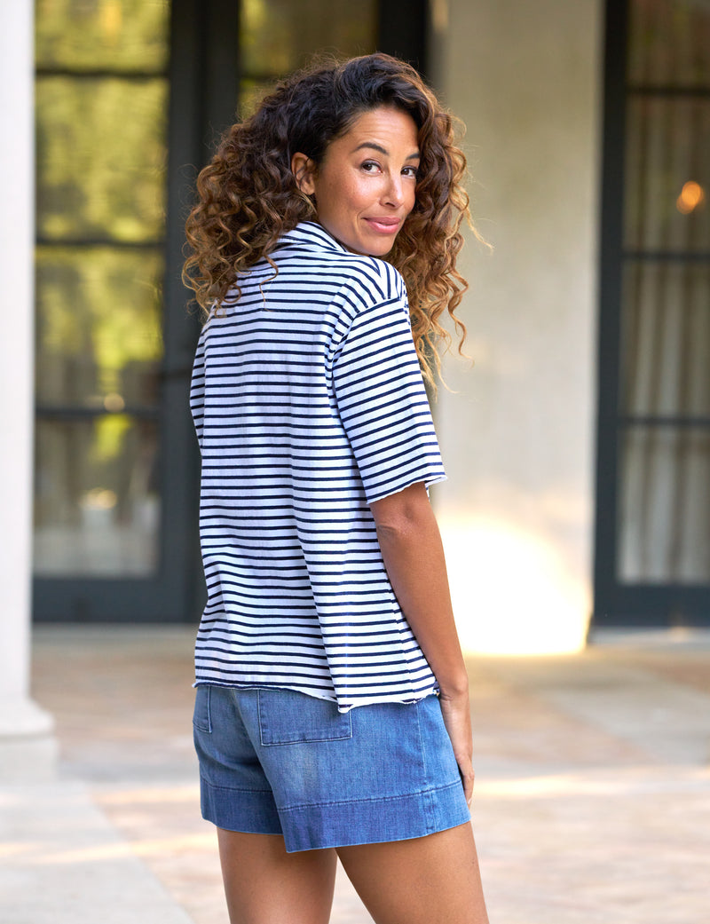 Patty - Short-Sleeve Popover Henley Navy French Stripe