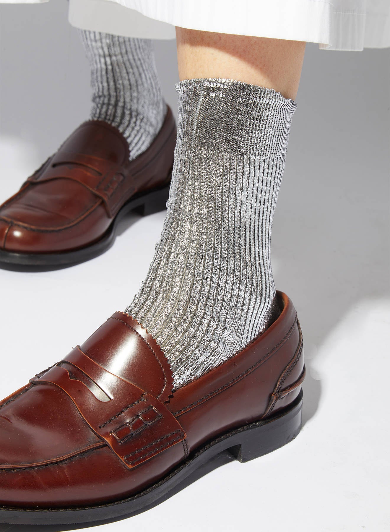 One Ribbed Laminated Socks - Silver