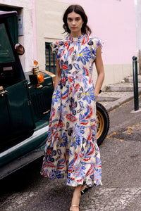 Mock Neck Flutter Maxi - Chennai Cobalt