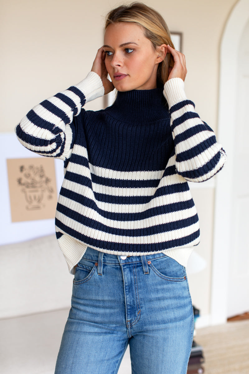 Carolyn Funnel Neck Sweater - Navy Colorblock Stripe