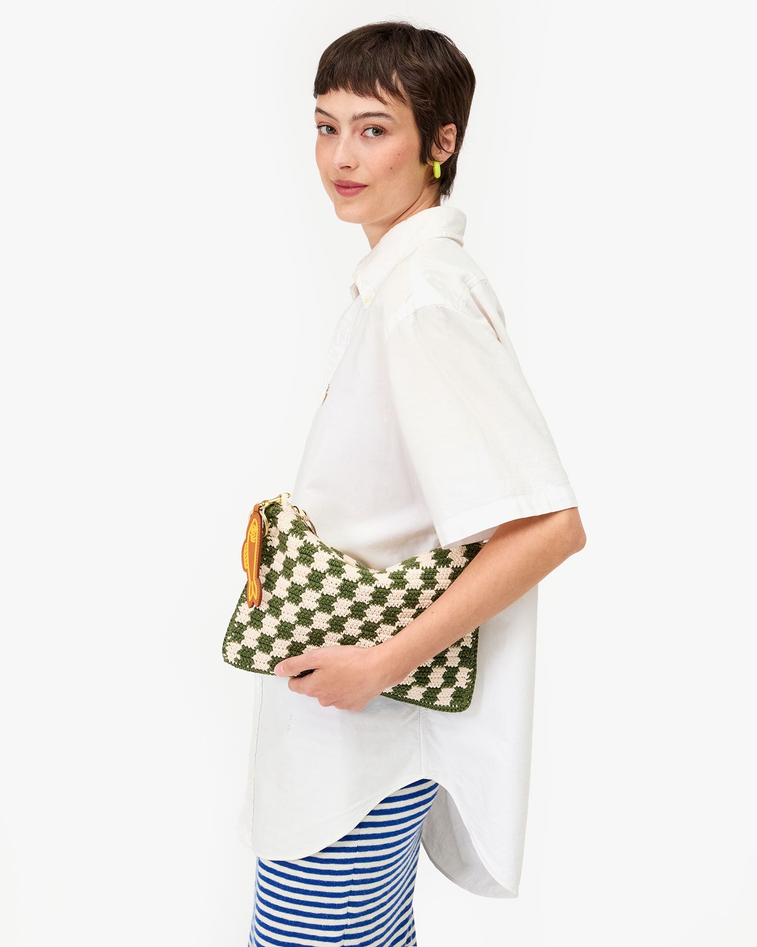 Flat Clutch w/Tabs - Olive & Cream Crochet Mini Checker