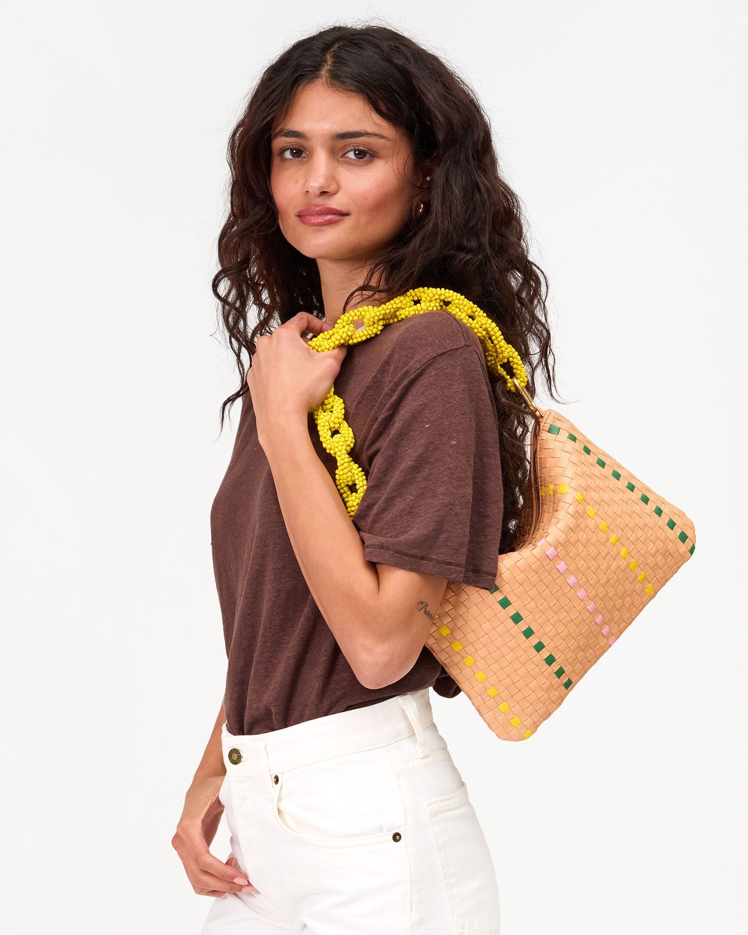 Flat Clutch w/Tabs - Bisque Woven Checker w/ Stripe