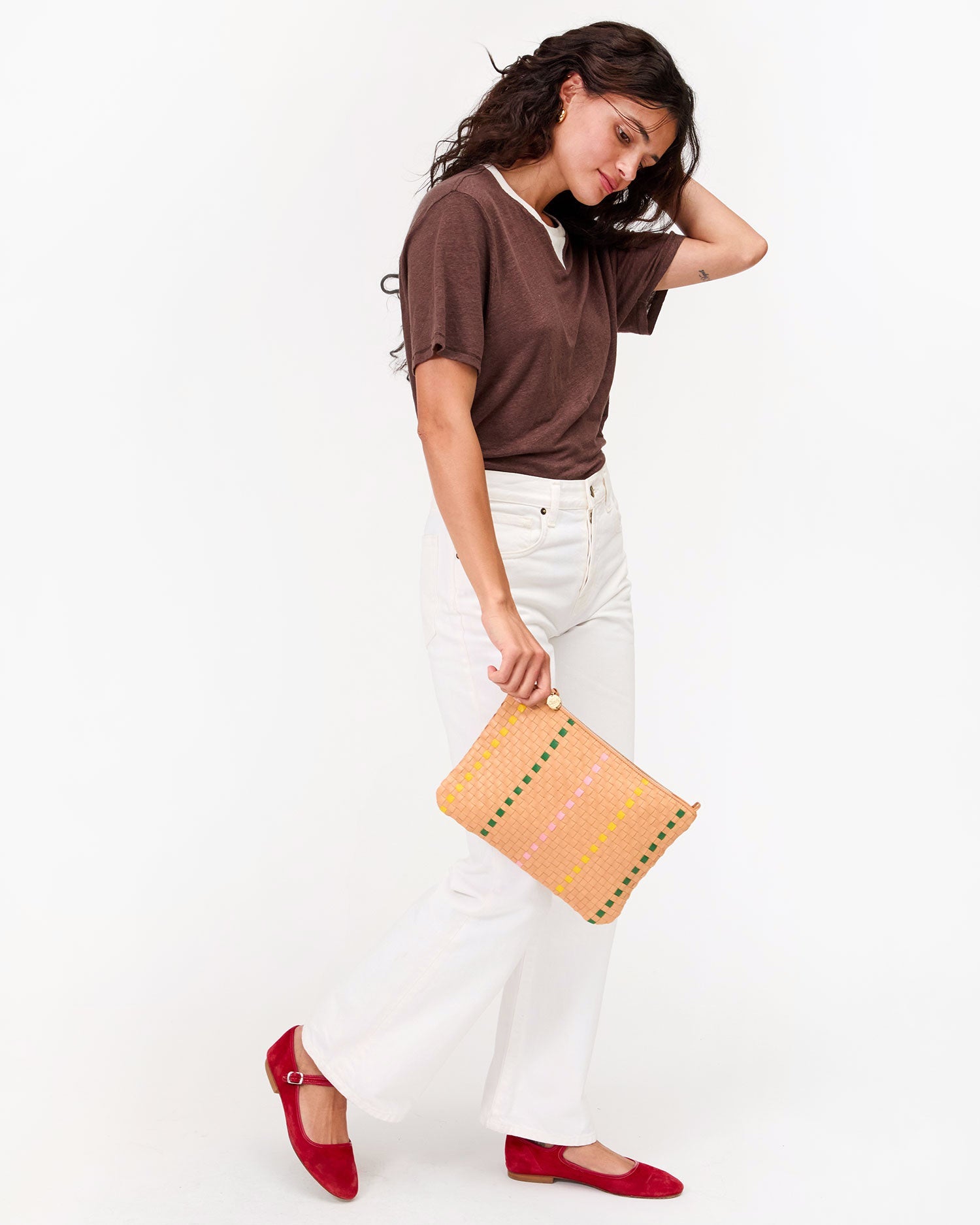 Flat Clutch w/Tabs - Bisque Woven Checker w/ Stripe