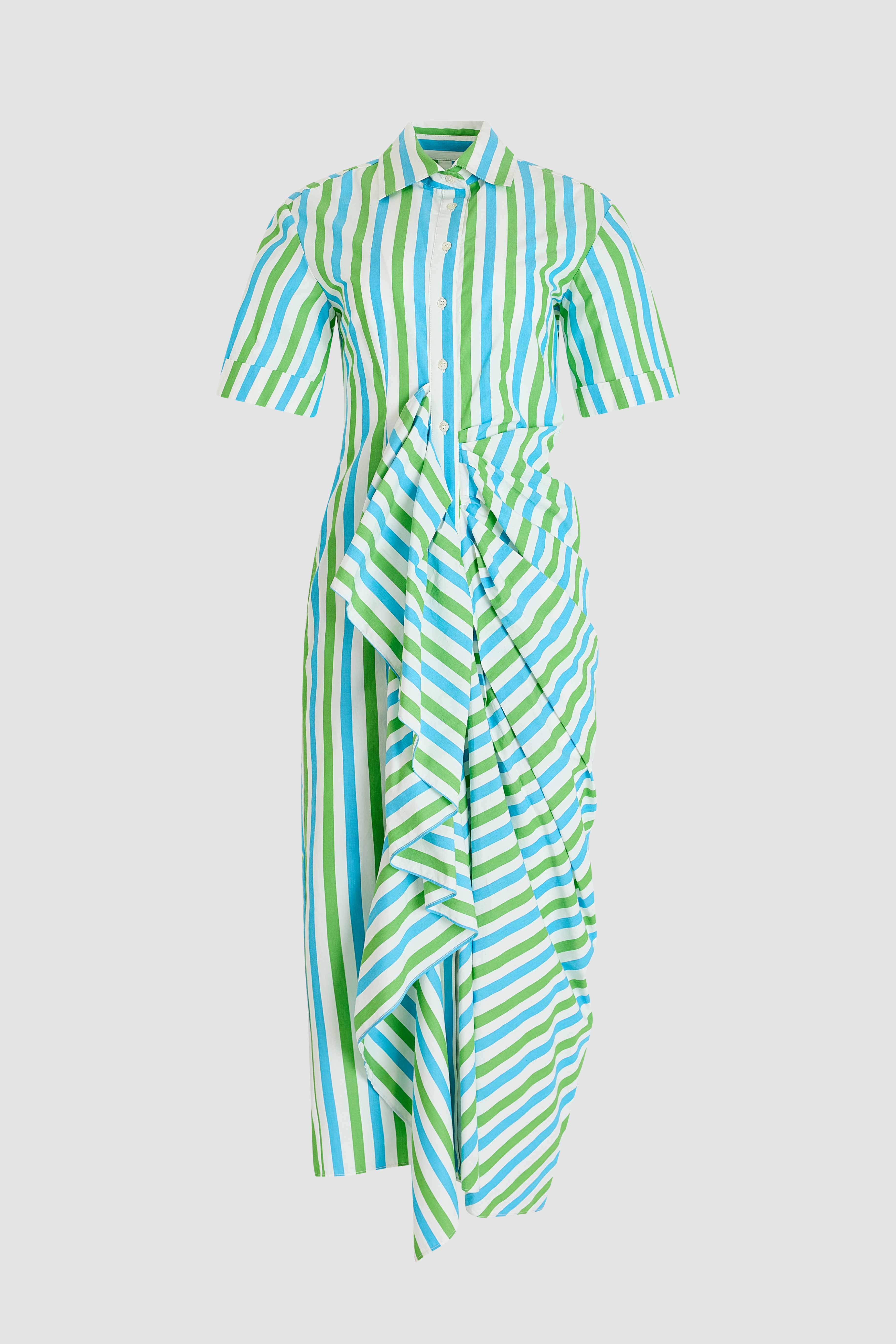 Gathered Ruffle Shirt Dress - Blue/Green Stripe
