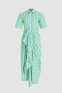 Gathered Ruffle Shirt Dress - Blue/Green Stripe