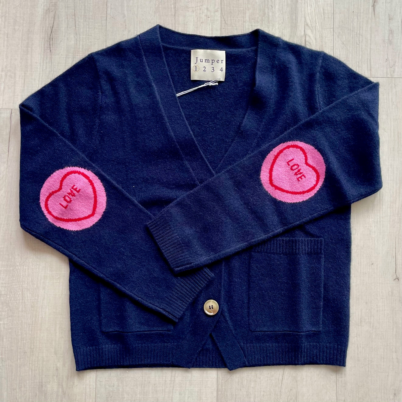Cashmere Love Hearts Patch Cardigan - Navy/Pink