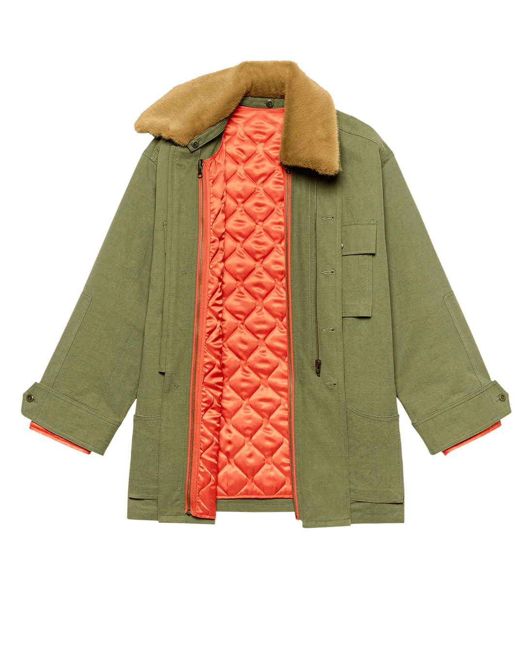 The Quilted Liner Parka - Army with Hot Orange