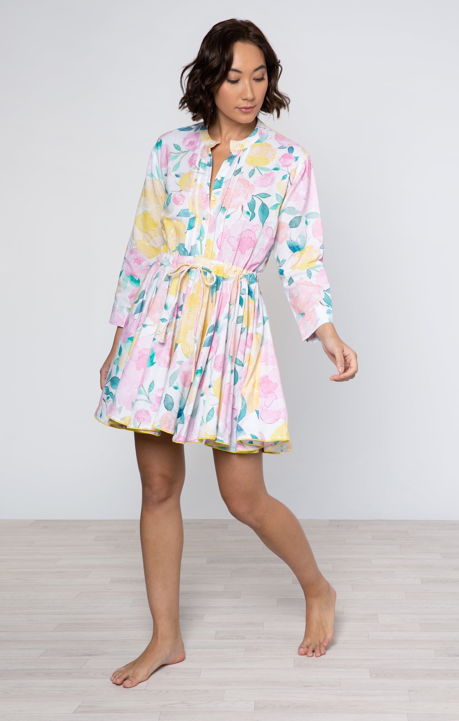 Peony Print Long Sleeve Beach Dress