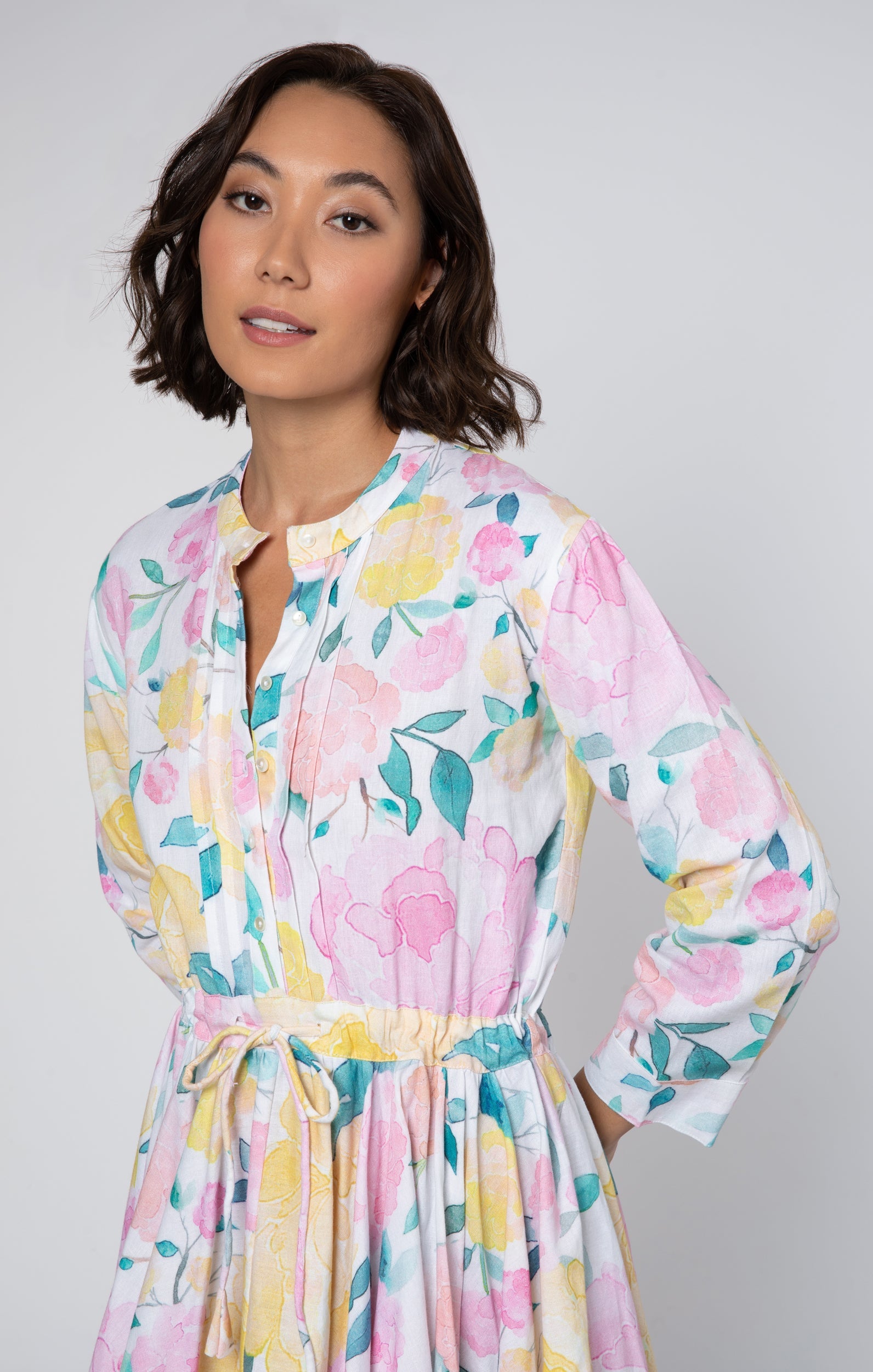 Peony Print Long Sleeve Beach Dress