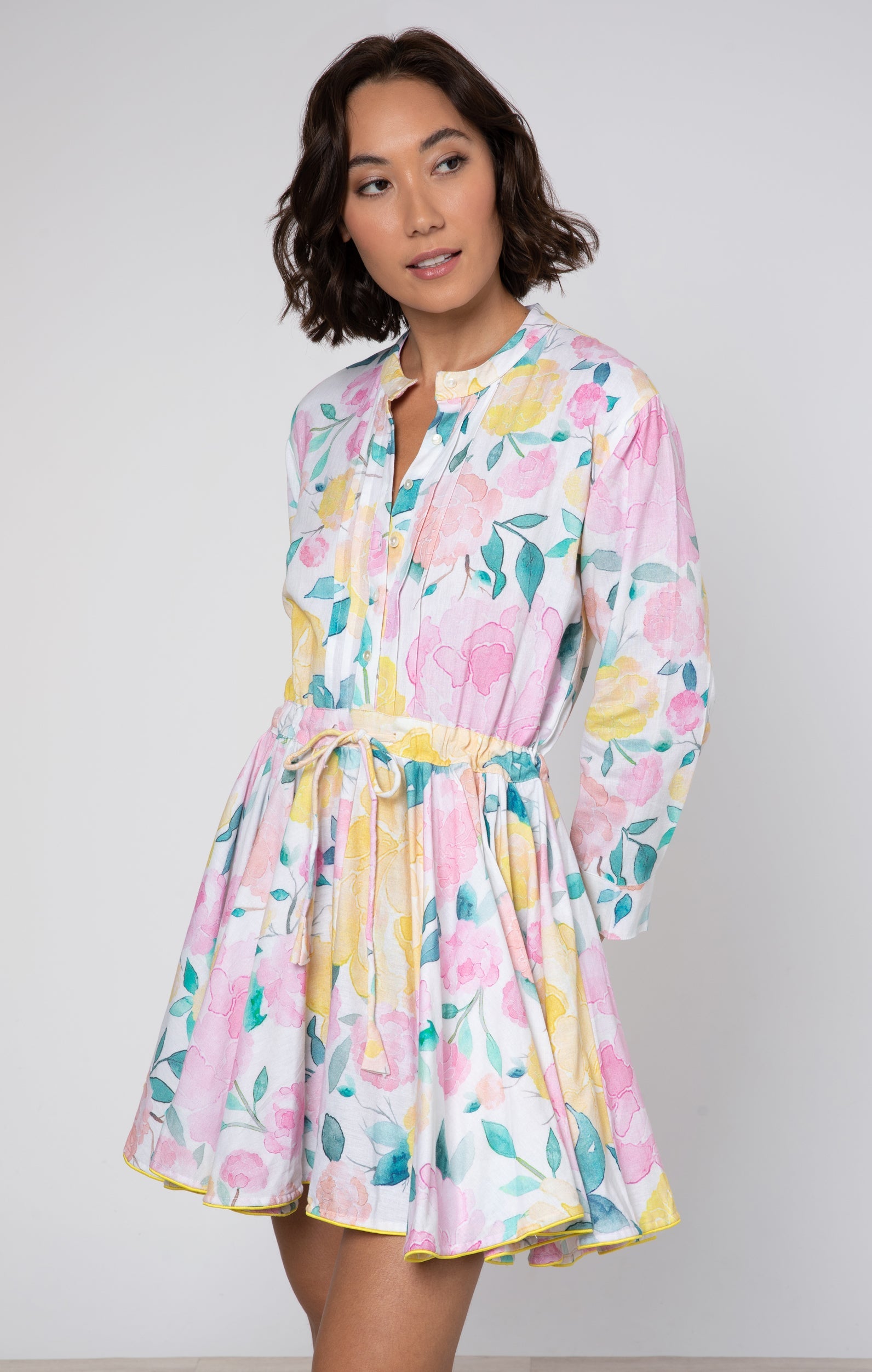 Peony Print Long Sleeve Beach Dress