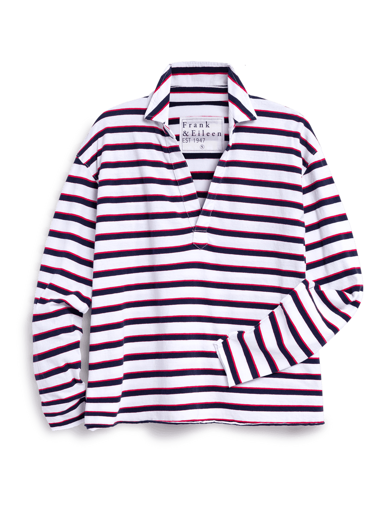 Patrick Popover Henley - White w/ Red/Navy French Stripe