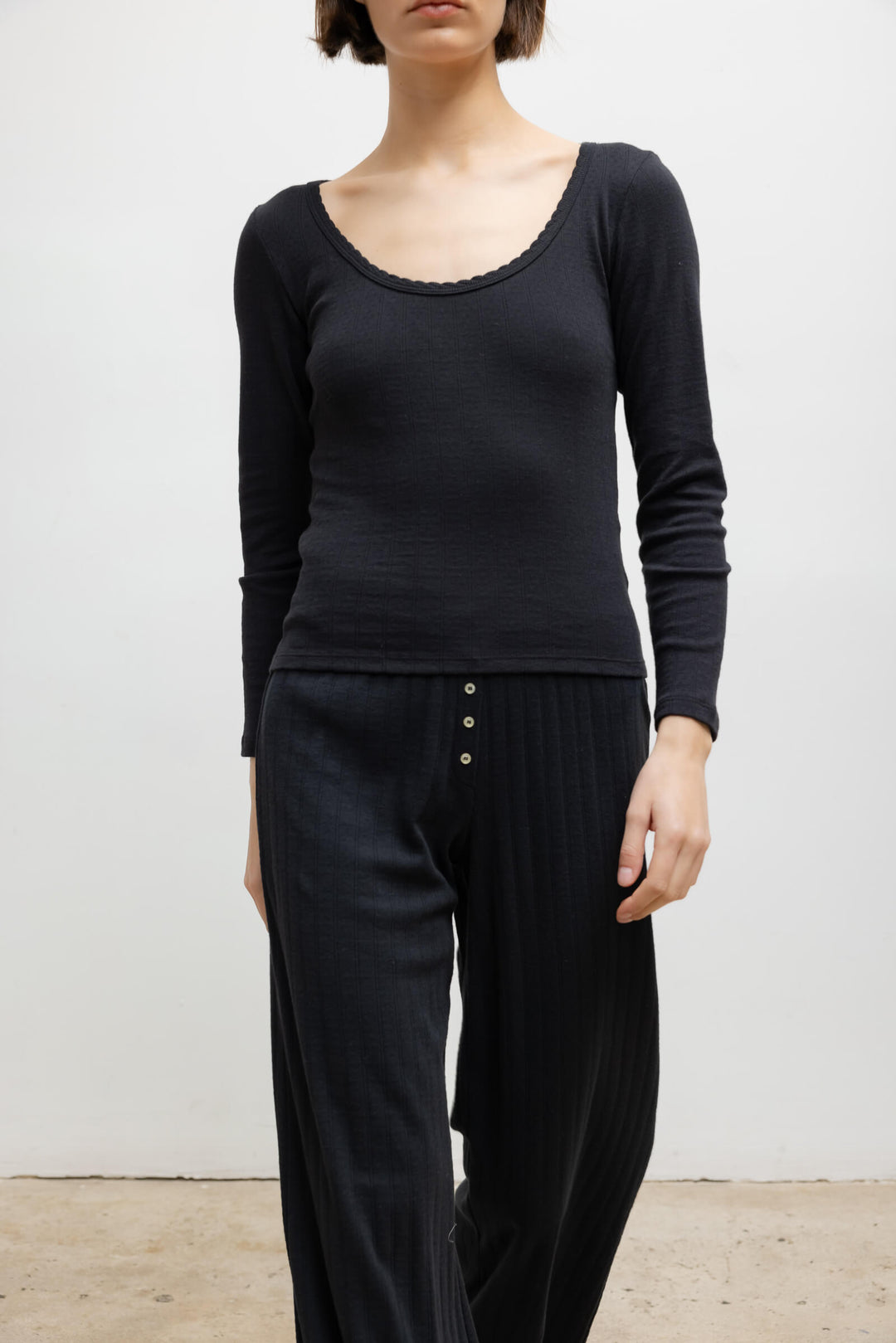 Pointelle Long Sleeve Scoop Neck - Black