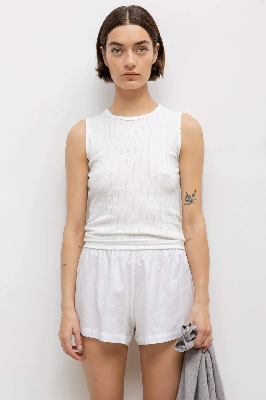 Pointelle Sleeveless Crew - White
