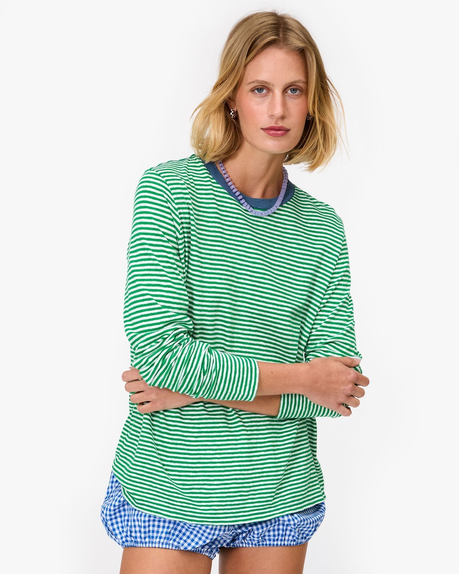 Long Sleeve Tee - Green/Cream Mini Stripe