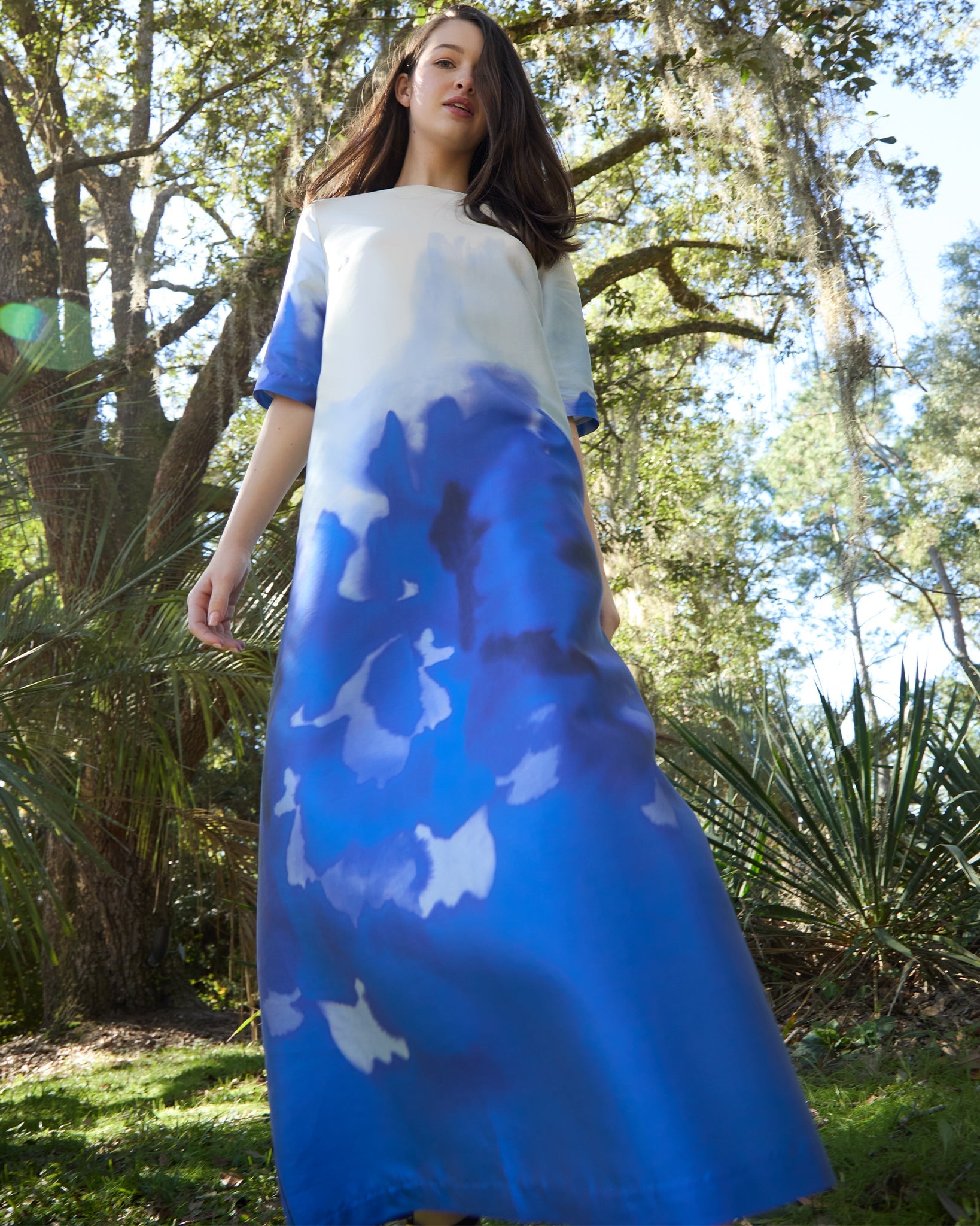 Paige Maxi Dress - Blue Watercolor Printed Mikado