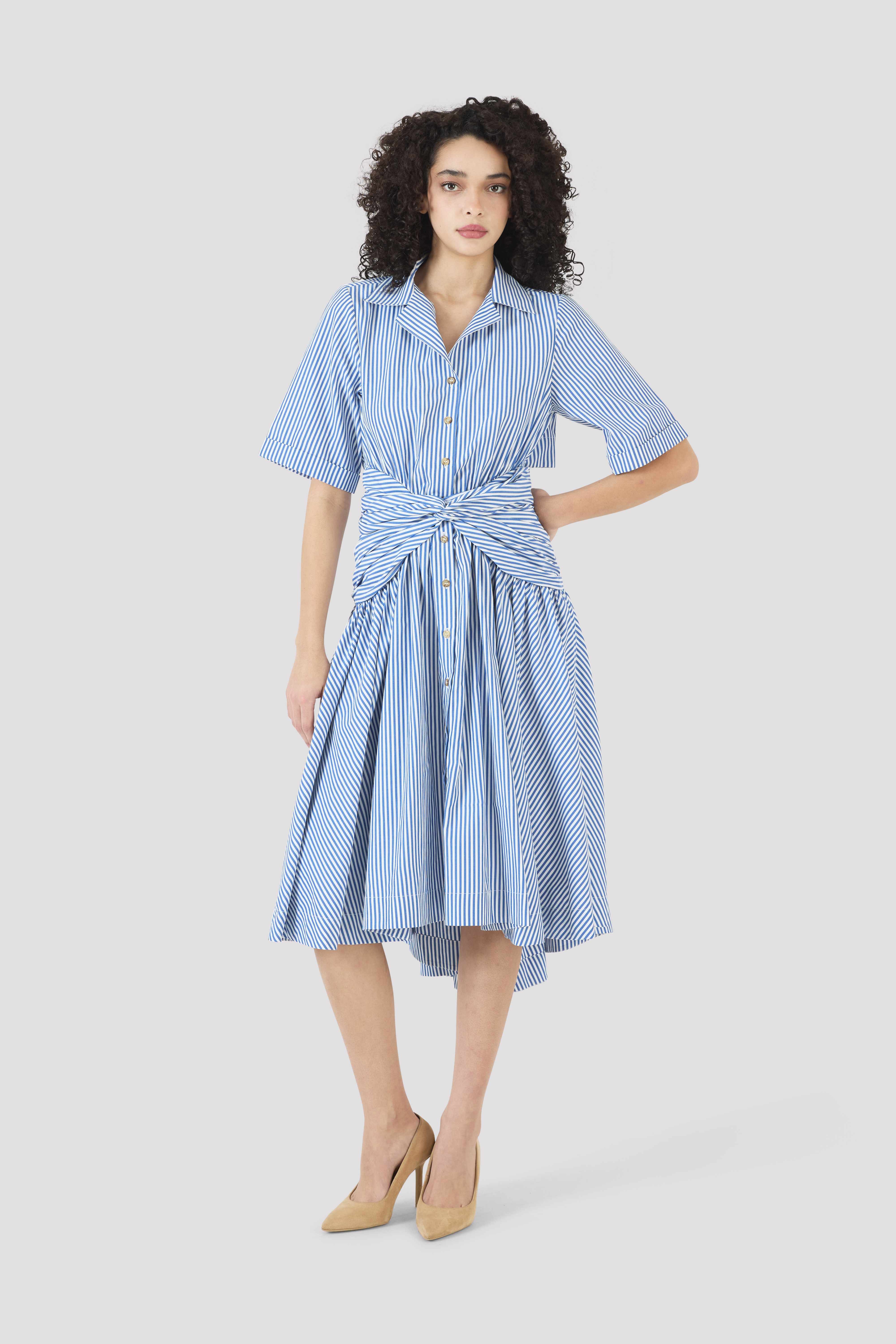 Tie Shirt Dress in Cotton Poplin Stripe