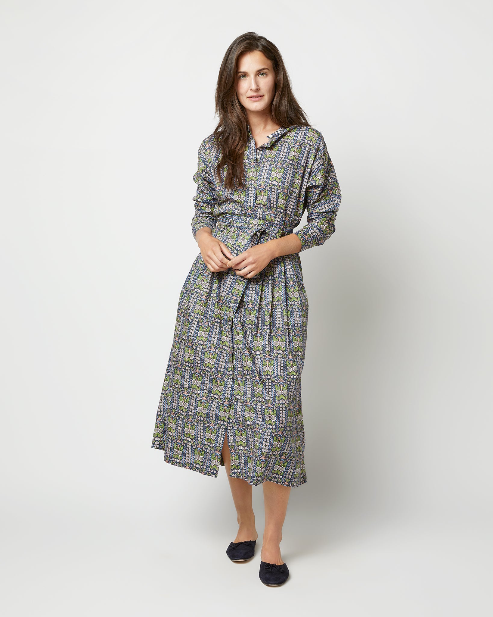 Kimono Shirtwaist Dress - Blue/Green Lindsay Garden Liberty Fabric