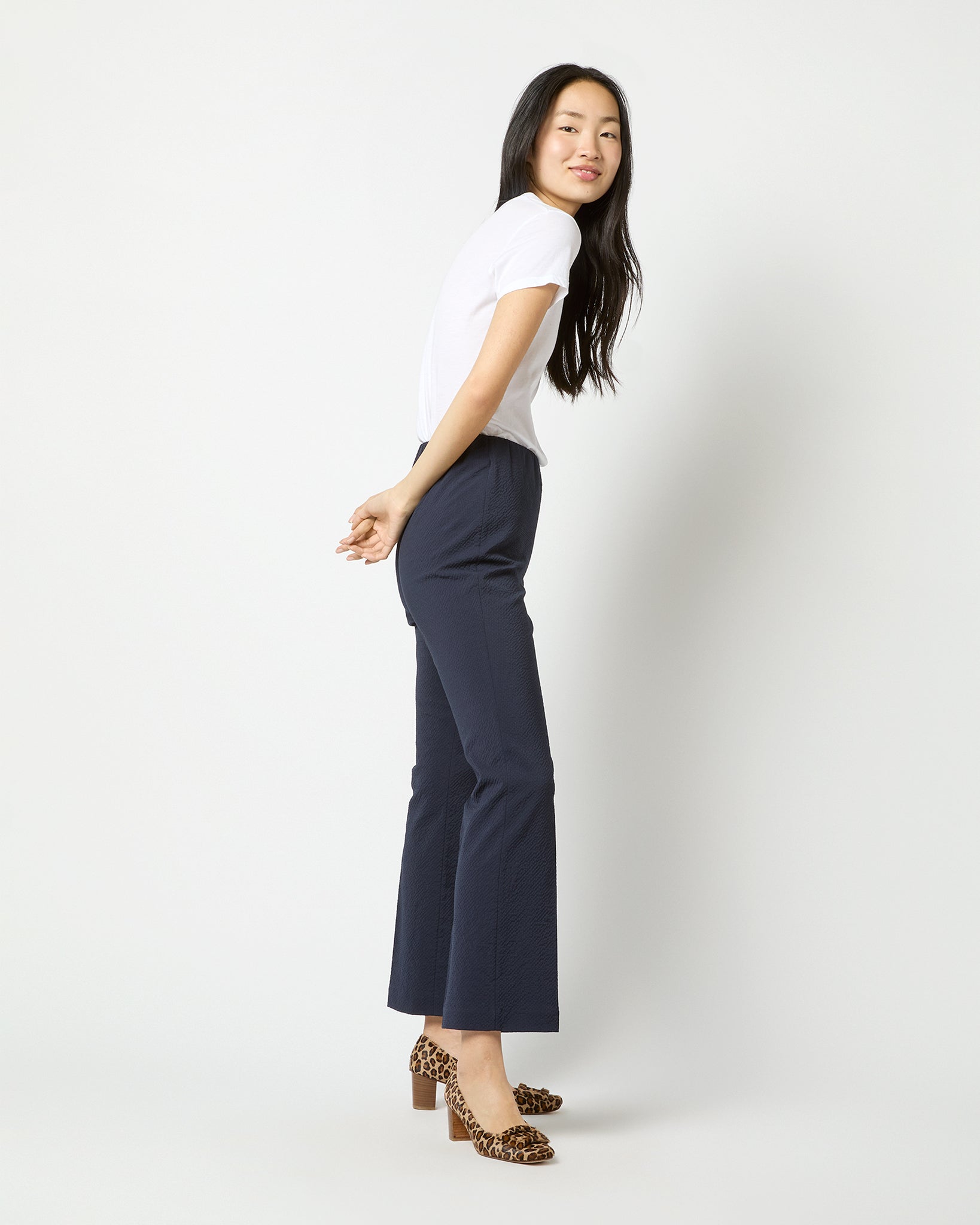 Faye Flare Cropped Pant - Navy Stretch Wool Seersucker