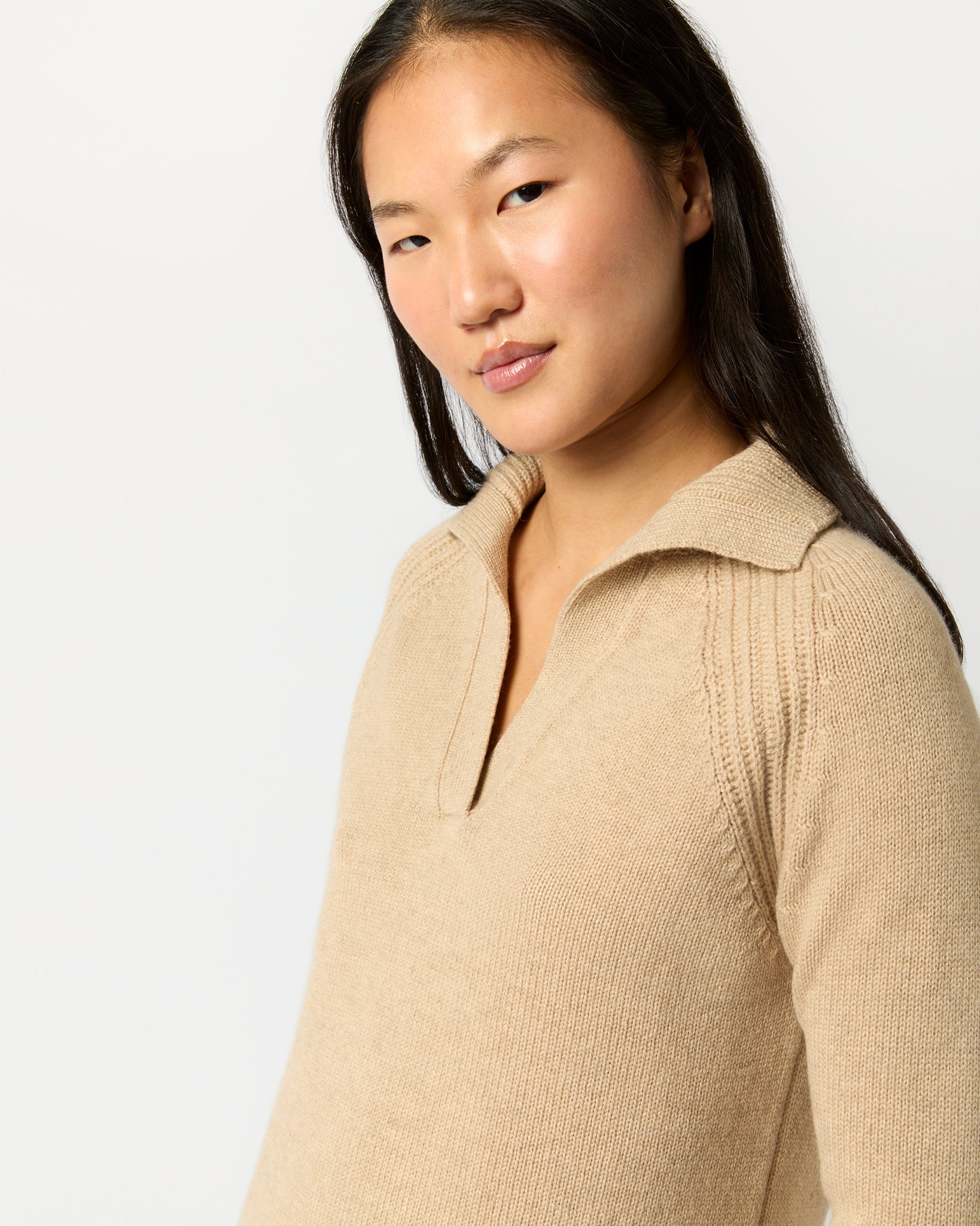 Blaire Johnny-Collar Jersey Sweater - Heather Oat