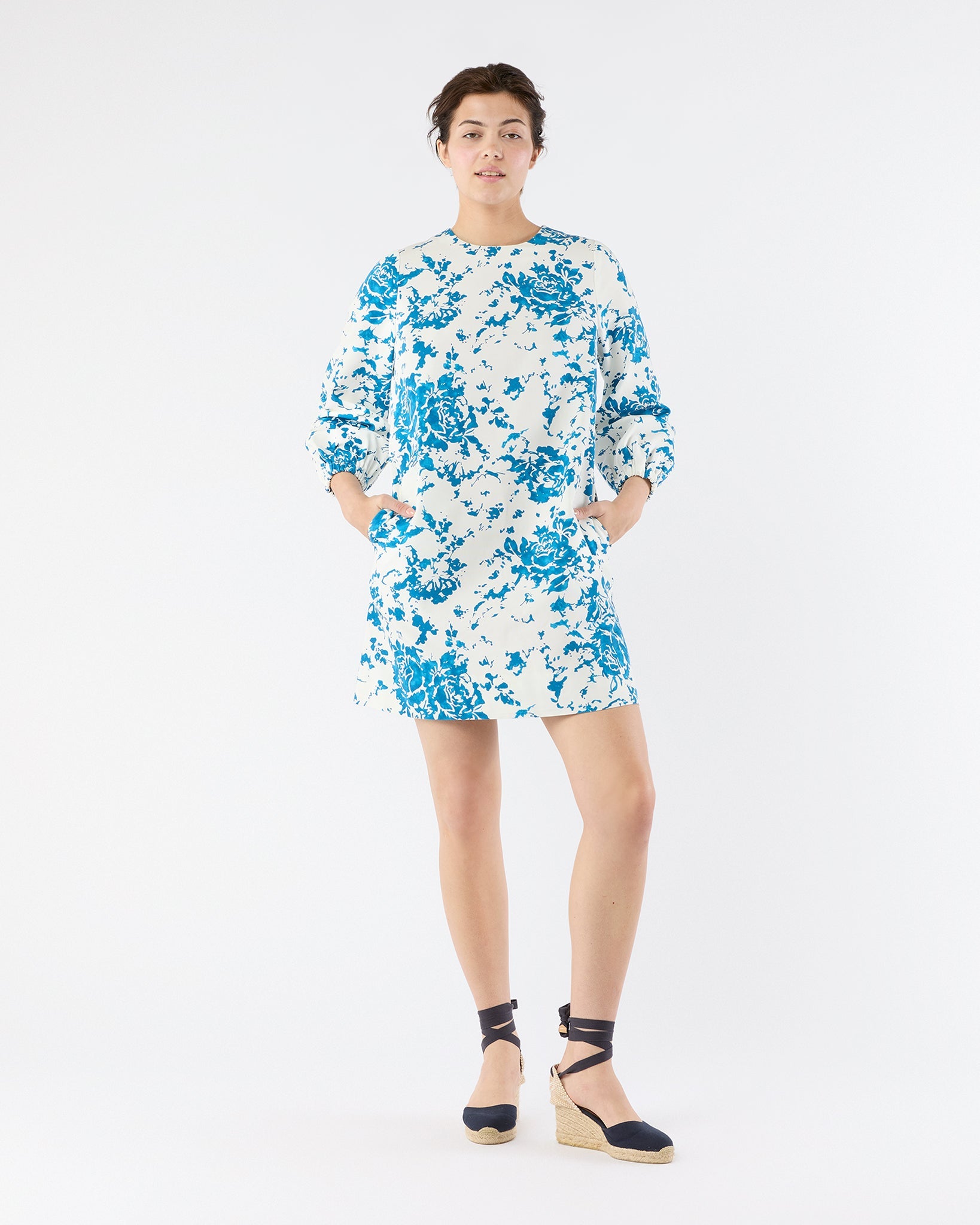 Francine Dress - White/Blue Floral Printed Faille