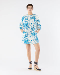 Francine Dress - White/Blue Floral Printed Faille
