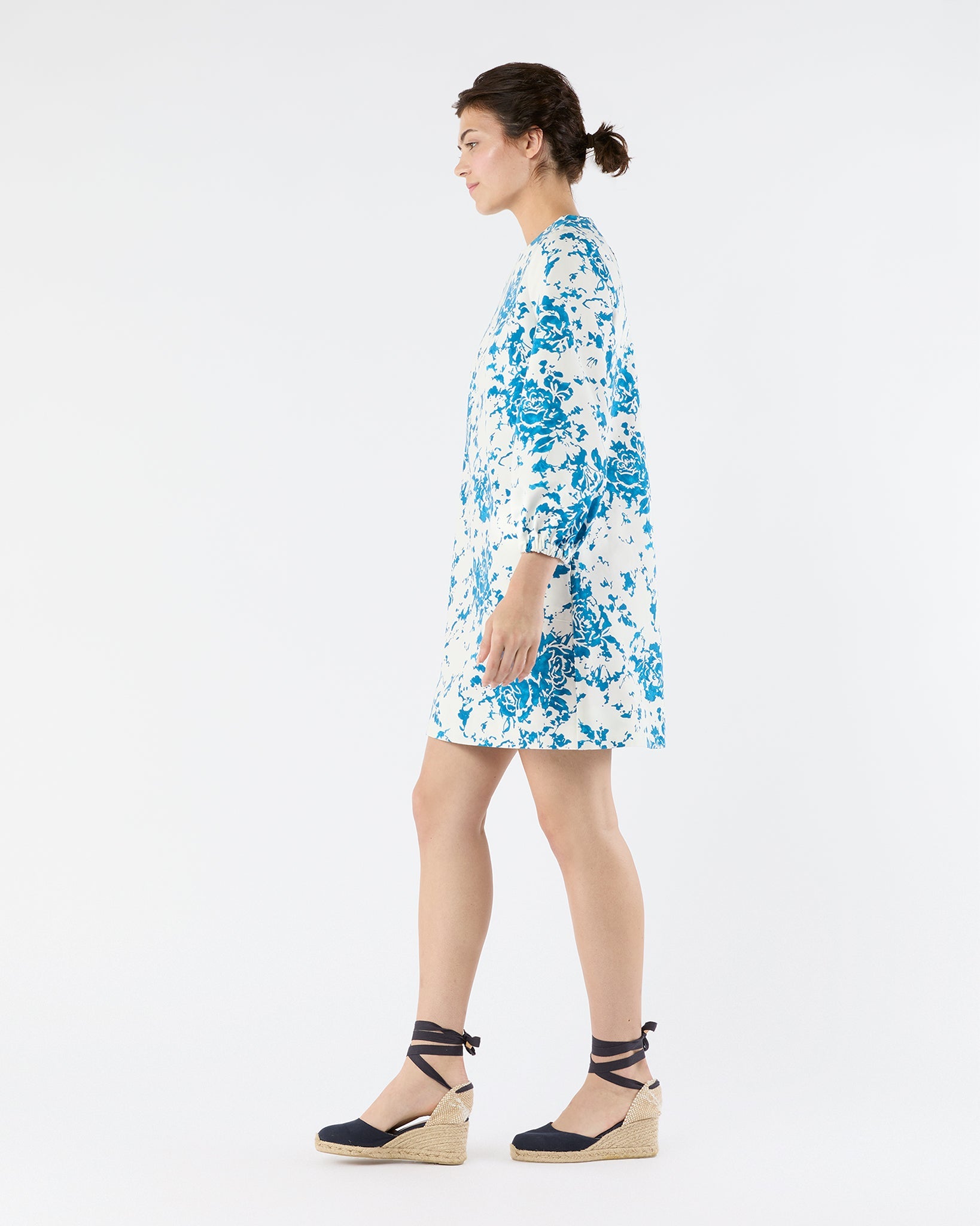 Francine Dress - White/Blue Floral Printed Faille